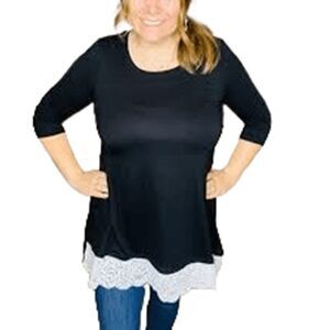 Now & Forever Black knit 3/4 Sleeve Cream Lace Hem Sweater Tunic Top Size 2XL